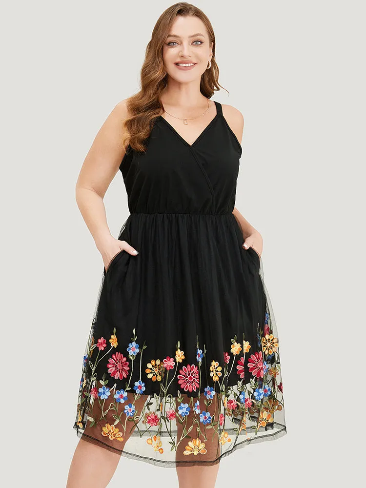 Floral Embroidered Mesh Overlay Pocket Wrap Dress sold by Bloomchic