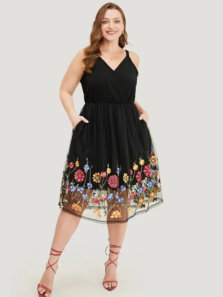 Floral Embroidered Mesh Overlay Pocket Wrap Dress sold by Bloomchic product image thumbnail 5