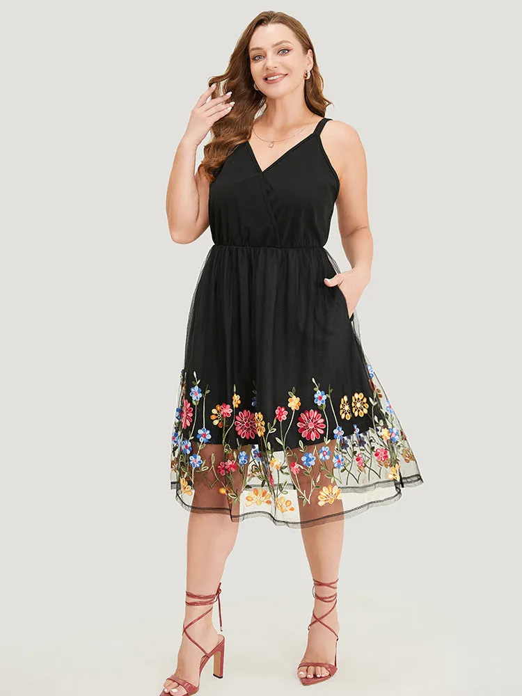 Floral Embroidered Mesh Overlay Pocket Wrap Dress sold by Bloomchic product image thumbnail 2