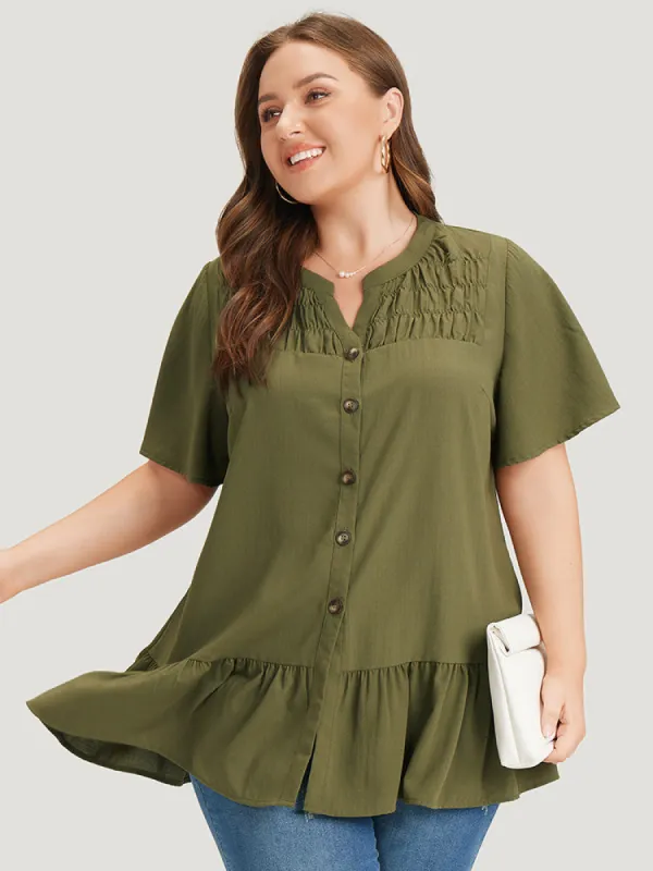 Anti-Wrinkle Plain Notched Button Up Shirred Flutter Blouse sold by Bloomchic