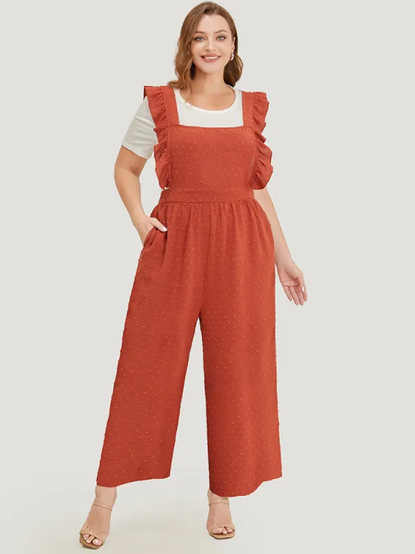 Polka Dot Square Neck Pocket Ruffle Trim Overall Jumpsuit sold by Bloomchic