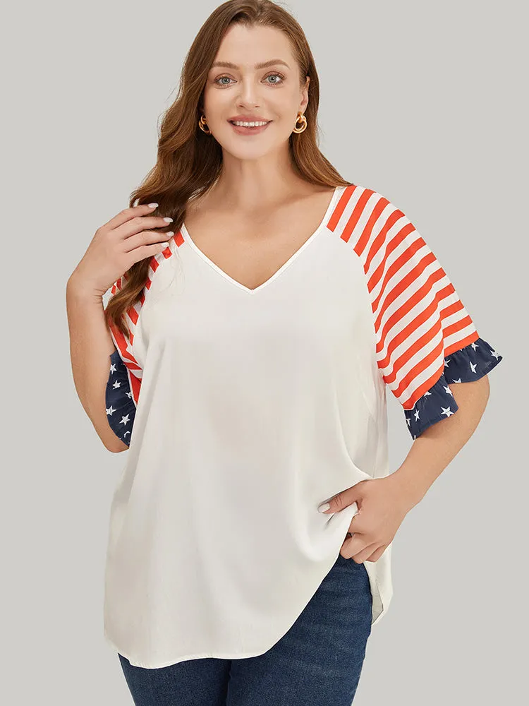 Star & Striped Print Raglan Sleeve Ruffle Trim Blouse sold by Bloomchic