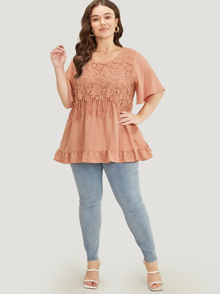 Solid Contrast Lace Fringe Trim Flutter Hem Blouse sold by Bloomchic product image thumbnail 5