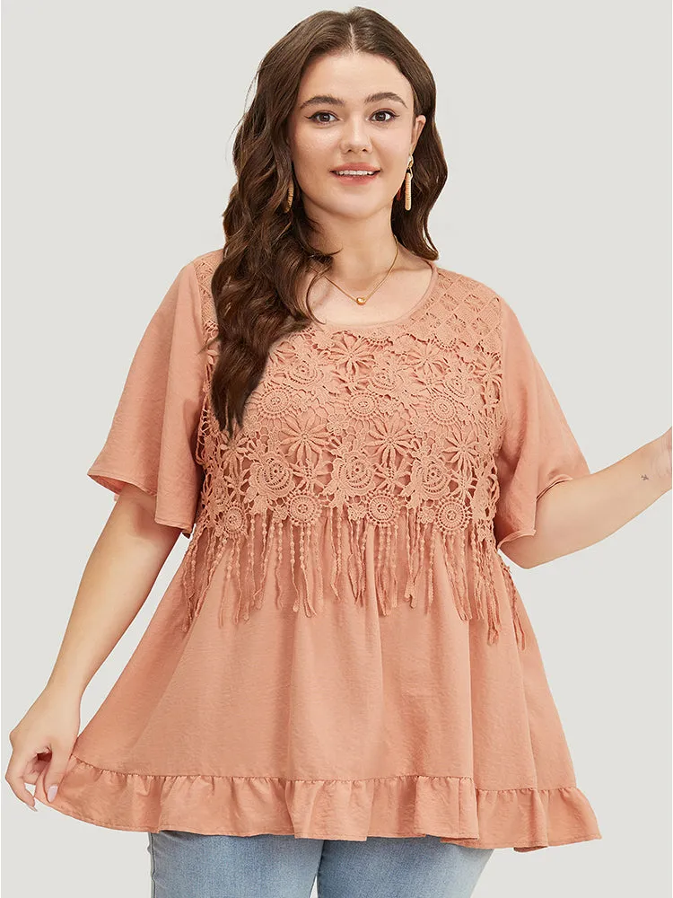 Solid Contrast Lace Fringe Trim Flutter Hem Blouse sold by Bloomchic product image thumbnail 2