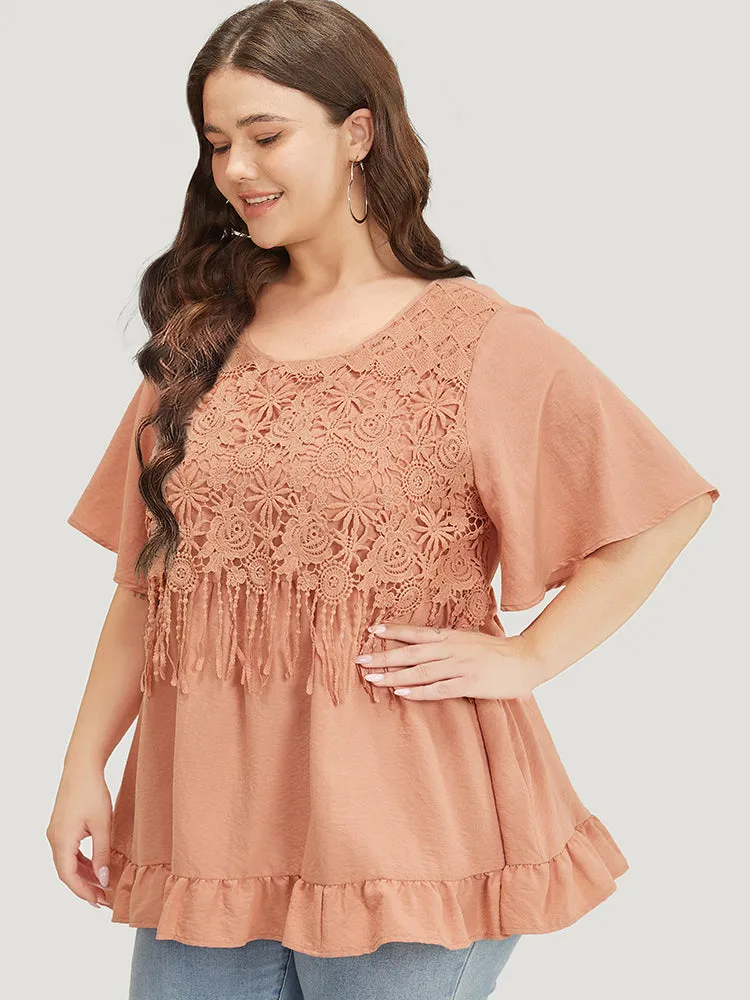 Solid Contrast Lace Fringe Trim Flutter Hem Blouse sold by Bloomchic product image thumbnail 4