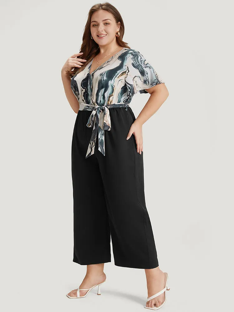 Marble Print Patchwork Wrap Ruffle Sleeve Belted Jumpsuit sold by Bloomchic product image thumbnail 3