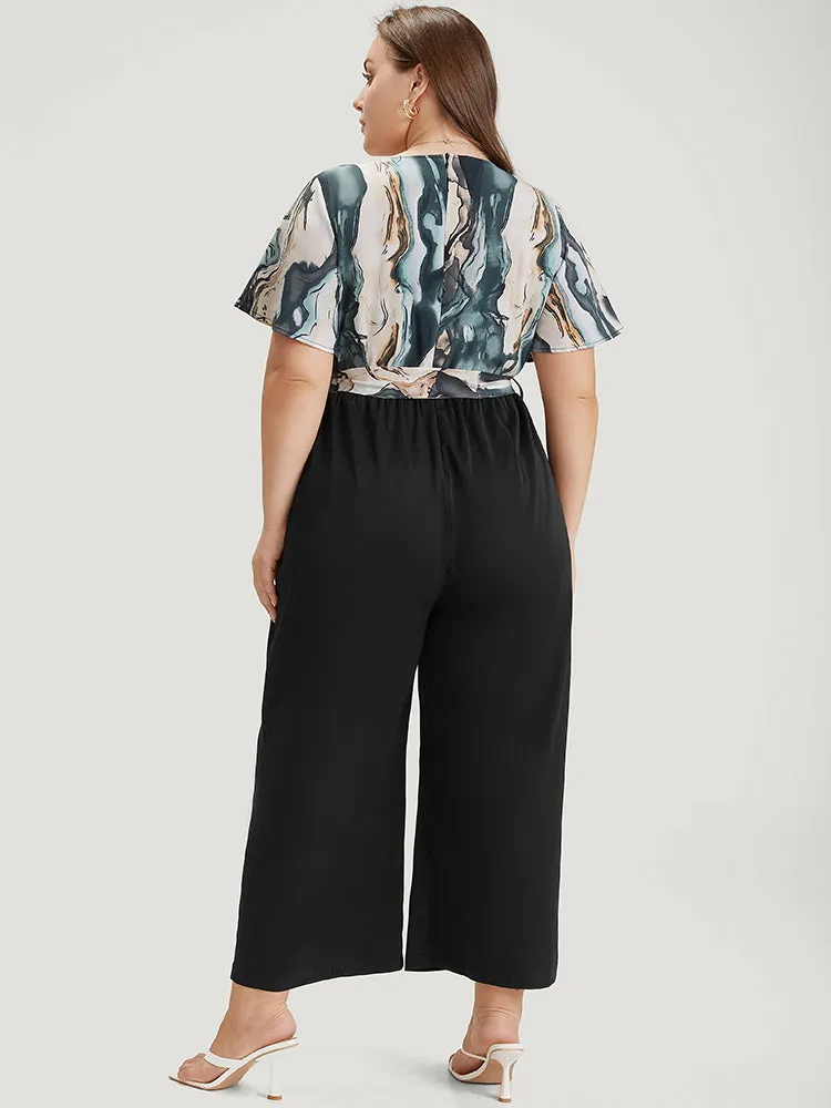 Marble Print Patchwork Wrap Ruffle Sleeve Belted Jumpsuit sold by Bloomchic product image thumbnail 4