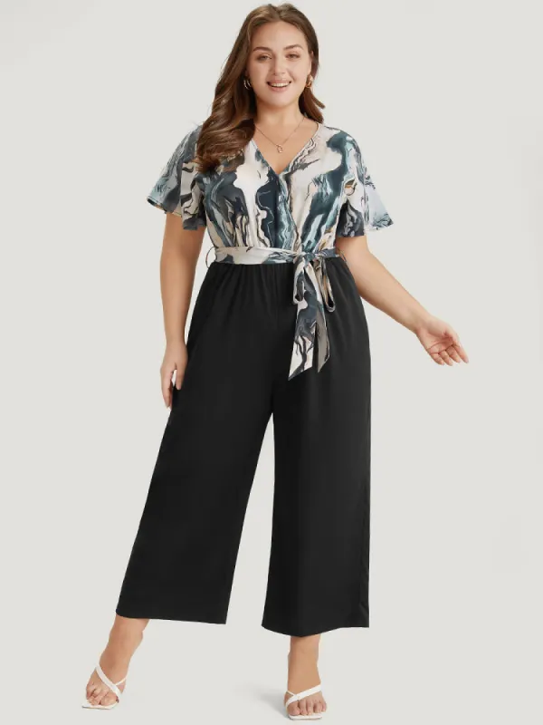Marble Print Patchwork Wrap Ruffle Sleeve Belted Jumpsuit sold by Bloomchic