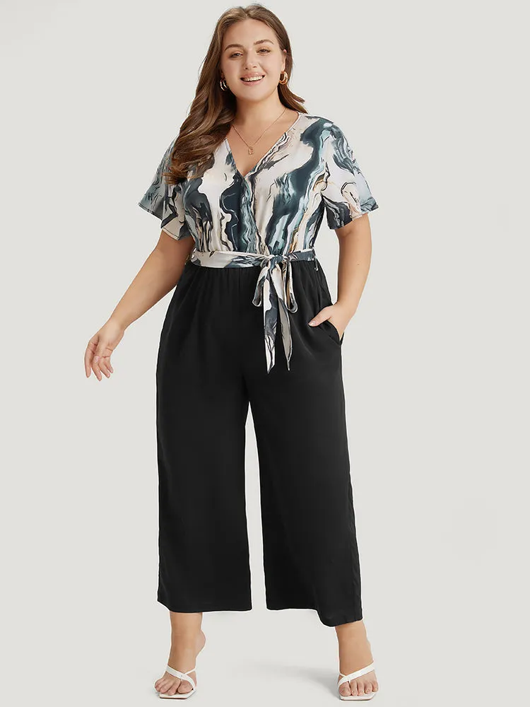 Marble Print Patchwork Wrap Ruffle Sleeve Belted Jumpsuit sold by Bloomchic product image thumbnail 5