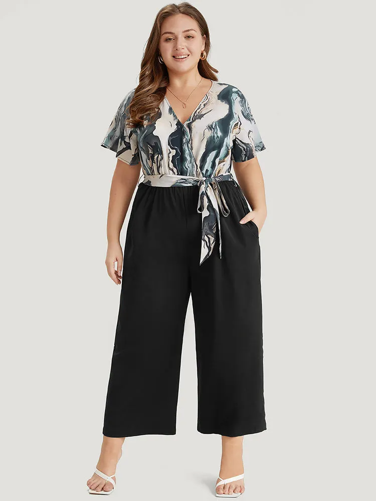 Marble Print Patchwork Wrap Ruffle Sleeve Belted Jumpsuit sold by Bloomchic product image thumbnail 2