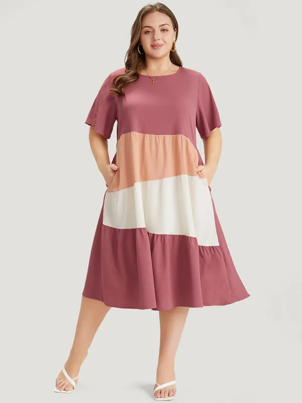 Colorblock Contrast Patchwork Pocket Layered Ruffle Dress sold by Bloomchic