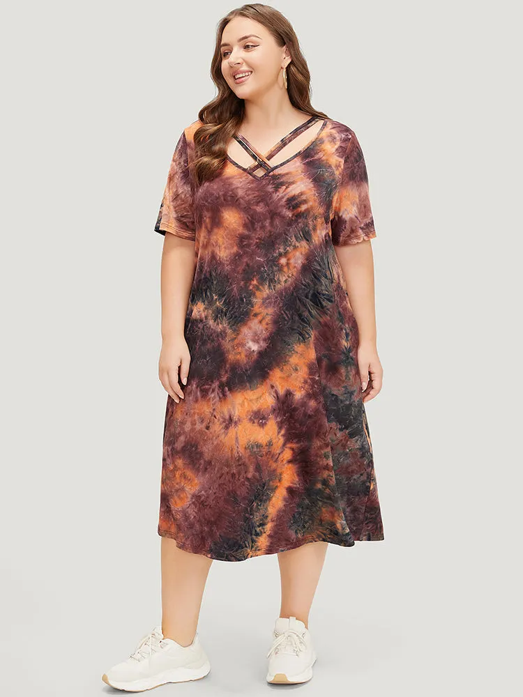 Tie Dye Pocket Crisscross Neck Dress sold by Bloomchic