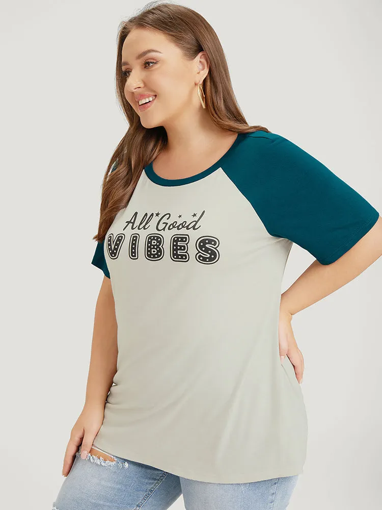 Letter Print Rhinestone Raglan Sleeve Two Tone T-shirt sold by Bloomchic product image thumbnail 5