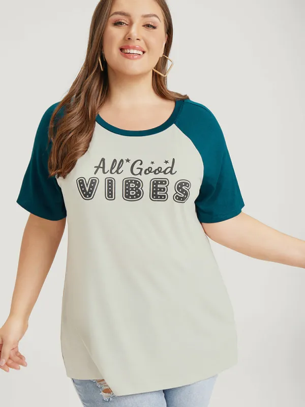 Letter Print Rhinestone Raglan Sleeve Two Tone T-shirt sold by Bloomchic