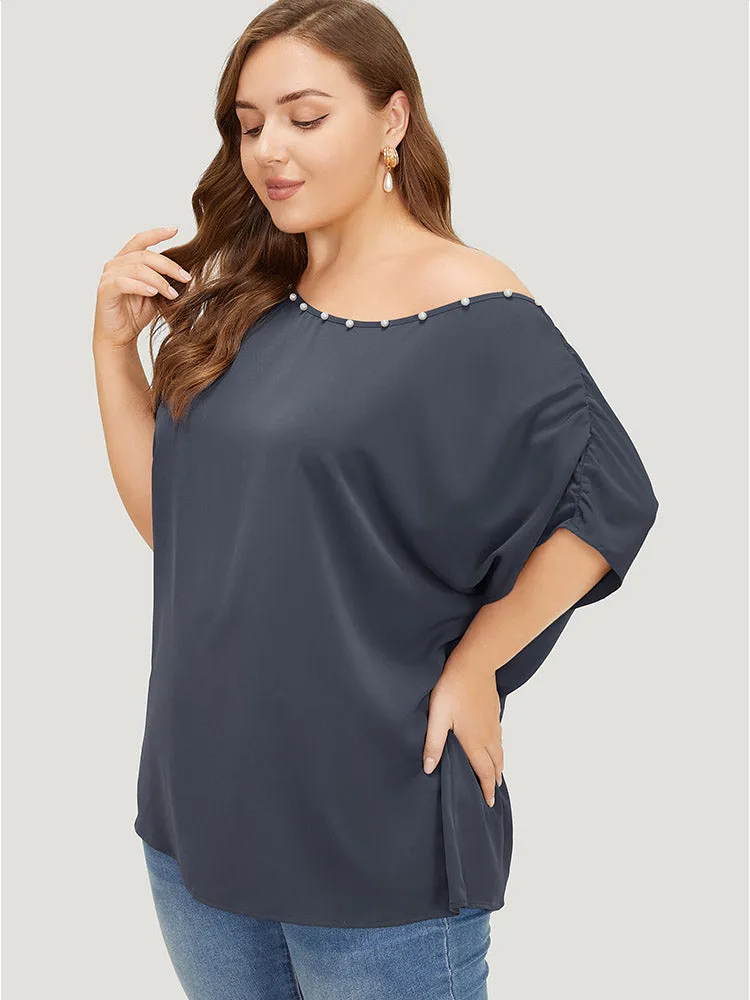 Solid Pearl Beaded Ruched Sleeve Blouse sold by Bloomchic product image thumbnail 4