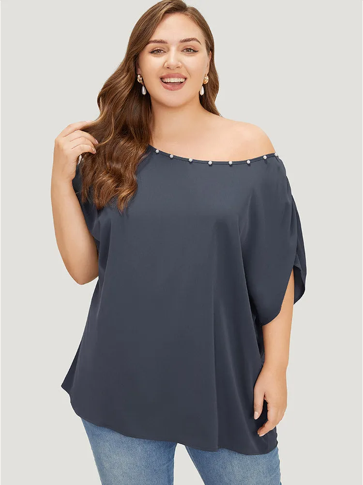 Solid Pearl Beaded Ruched Sleeve Blouse sold by Bloomchic product image thumbnail 2