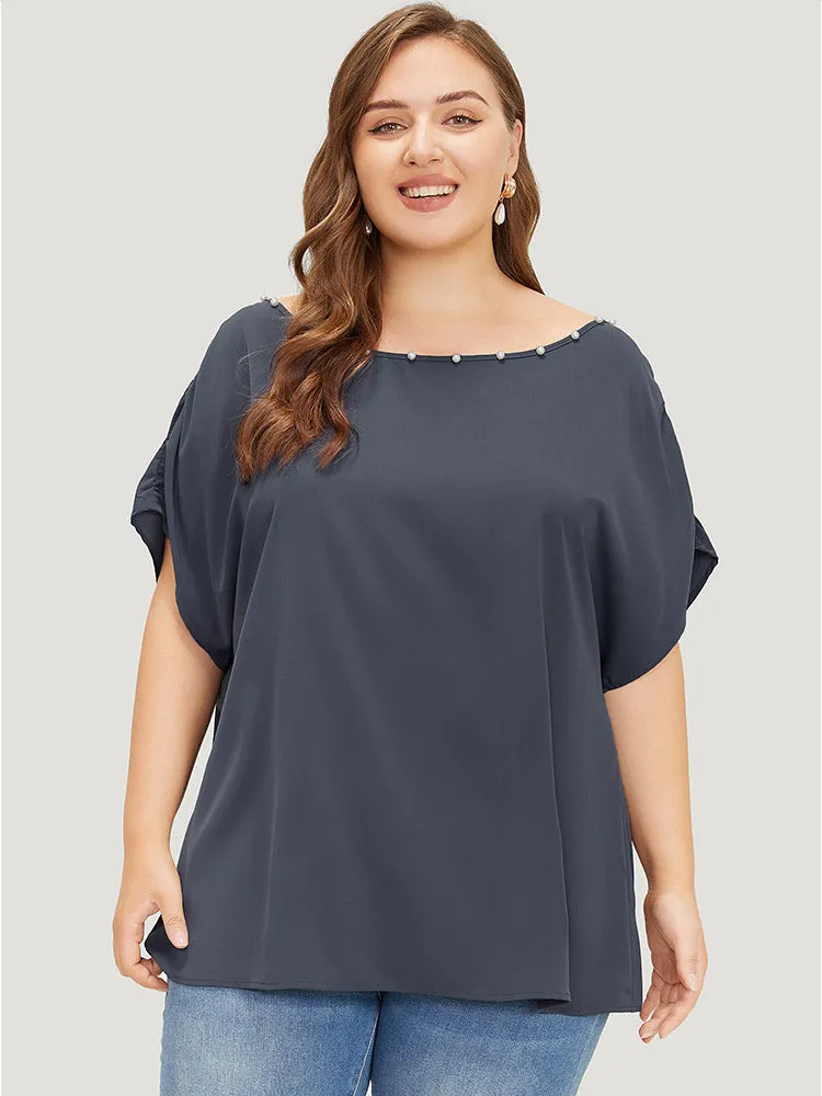 Solid Pearl Beaded Ruched Sleeve Blouse sold by Bloomchic product image thumbnail 3