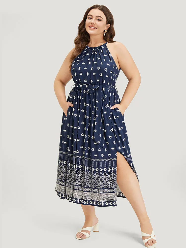 Boho Print Knot Halter Pocket Belted Split Dress sold by Bloomchic