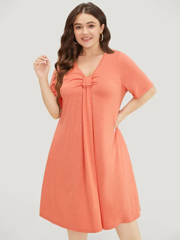 Solid Pocket V Neck Ruched Detail Dress sold by Bloomchic