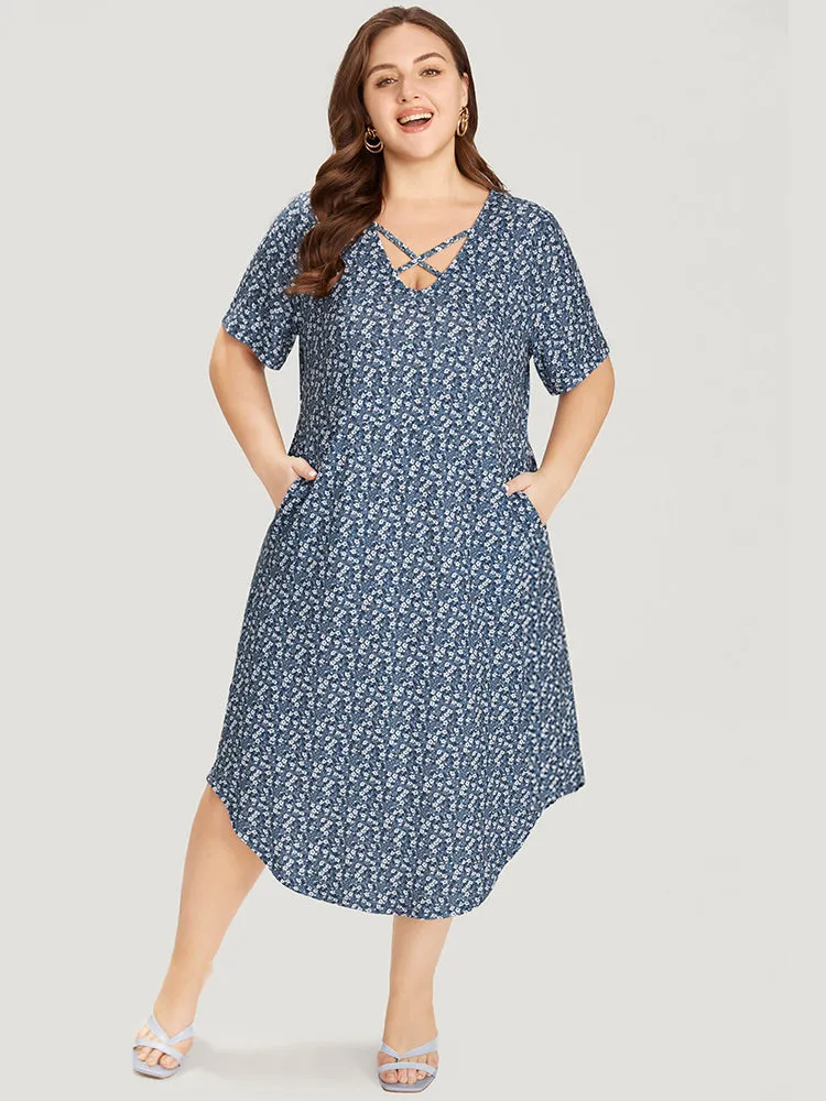 Ditsy Floral Pocket Curved Hem Knotted Dress sold by Bloomchic