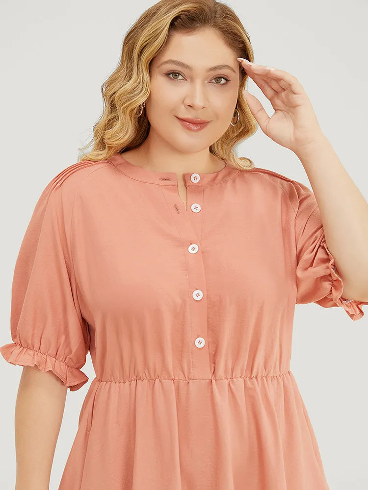Plain Ruffles Pocket Button Up Puff Sleeve Pleated Dress sold by Bloomchic product image thumbnail 5