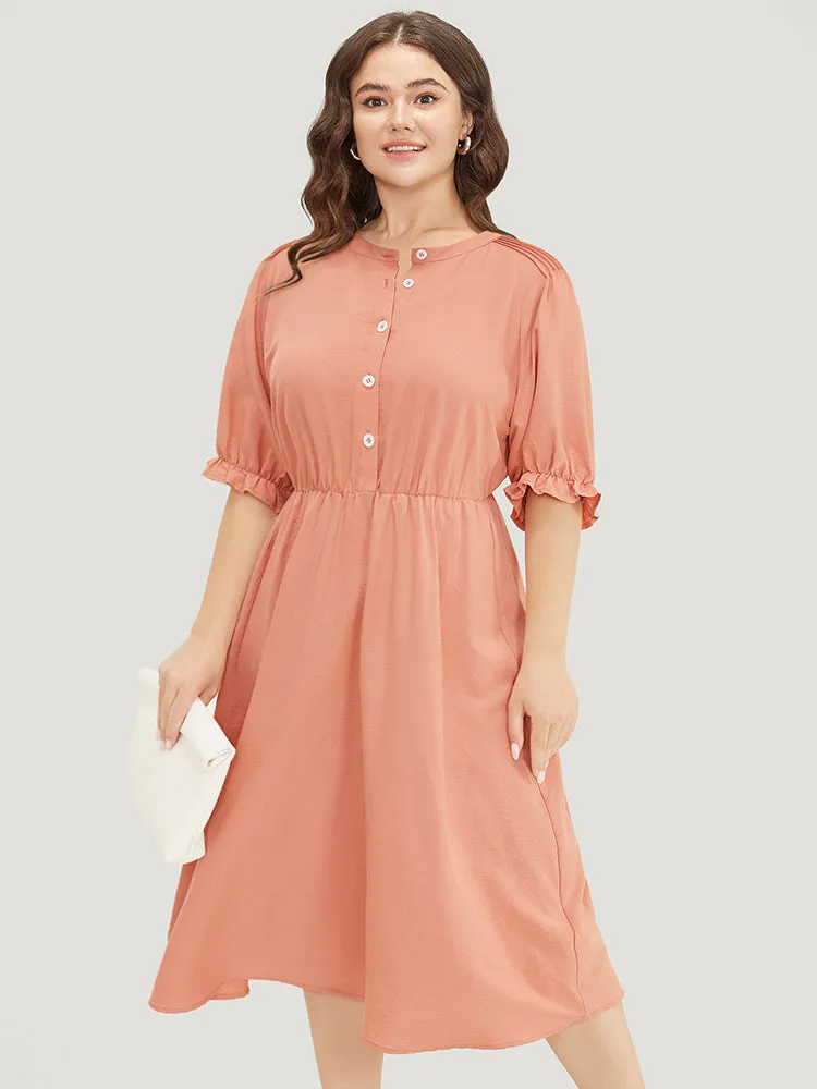 Plain Ruffles Pocket Button Up Puff Sleeve Pleated Dress sold by Bloomchic product image thumbnail 2