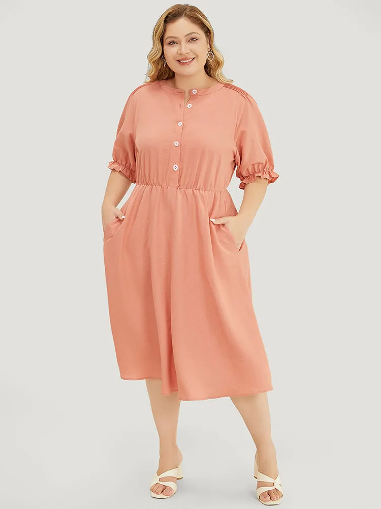 Plain Ruffles Pocket Button Up Puff Sleeve Pleated Dress sold by Bloomchic product image thumbnail 3