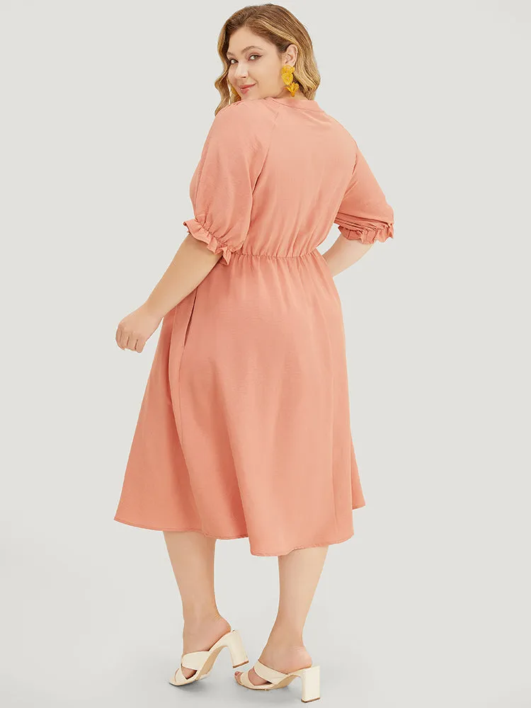 Plain Ruffles Pocket Button Up Puff Sleeve Pleated Dress sold by Bloomchic product image thumbnail 4