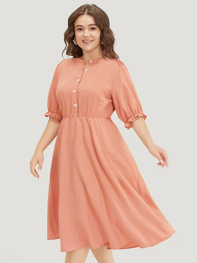 Plain Ruffles Pocket Button Up Puff Sleeve Pleated Dress sold by Bloomchic