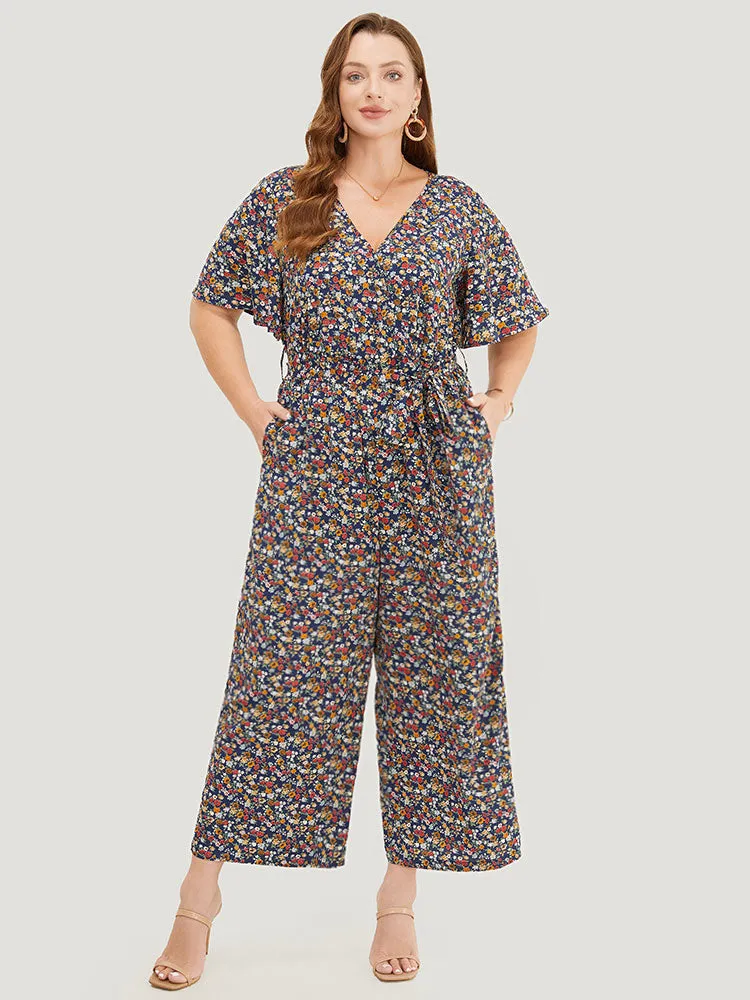 Ditsy Floral Flutter Sleeve Pocket Belted Wrap Jumpsuit sold by Bloomchic