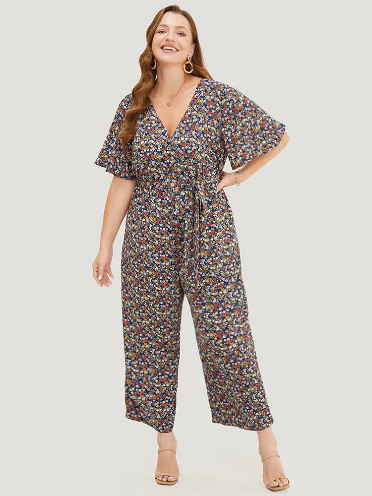 Ditsy Floral Flutter Sleeve Pocket Belted Wrap Jumpsuit sold by Bloomchic product image thumbnail 4