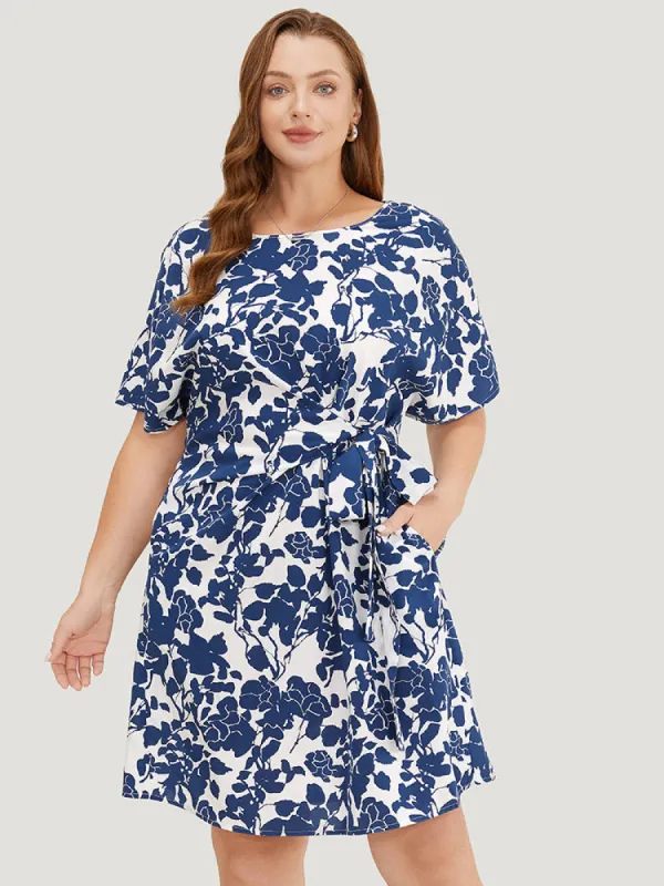 Floral Print Batwing Sleeve Pocket Knot Side Dress sold by Bloomchic