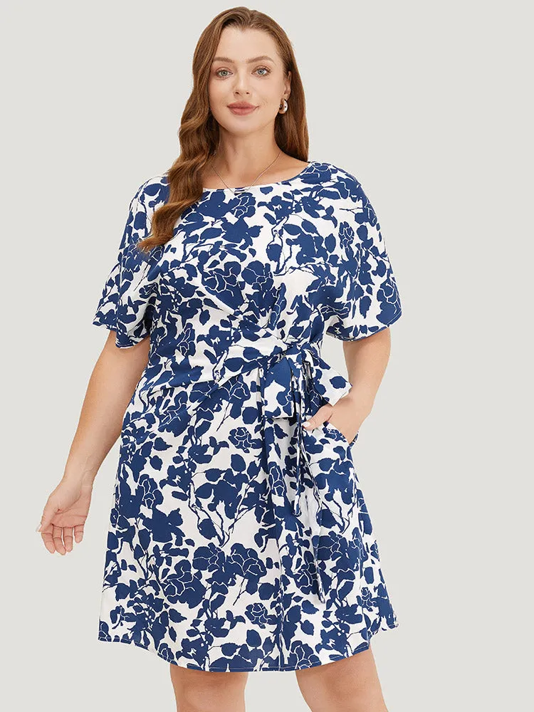 Floral Print Batwing Sleeve Pocket Knot Side Dress sold by Bloomchic