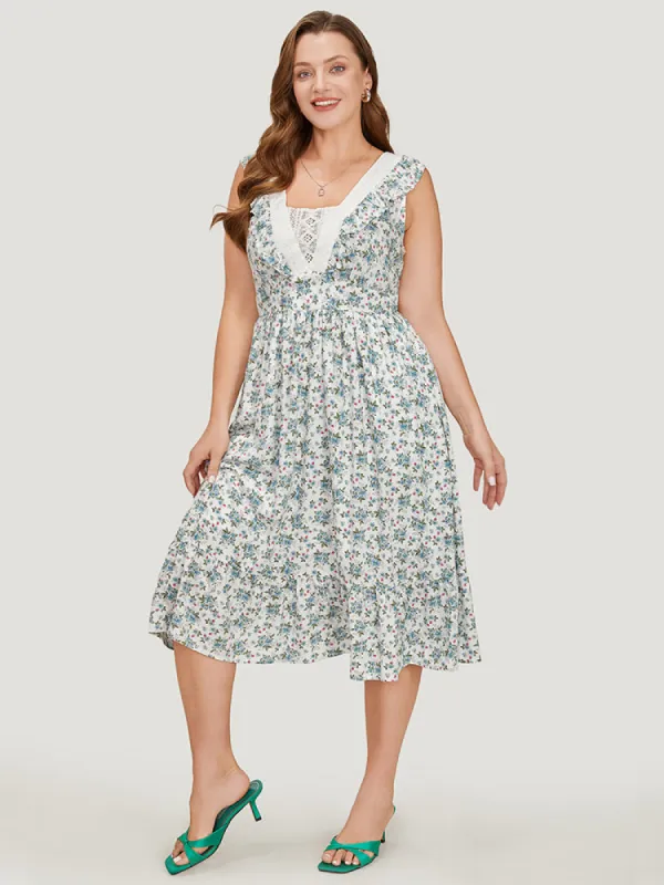 Ditsy Floral Ruffles Pocket Empire Waist Crochet Lace Tank Dress sold by Bloomchic