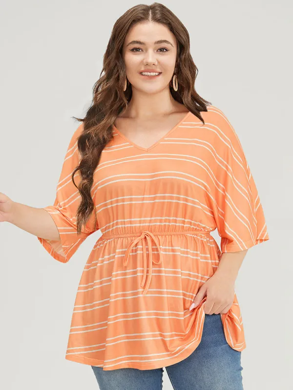 Striped Print Knot Front Dolman Sleeve T-shirt sold by Bloomchic