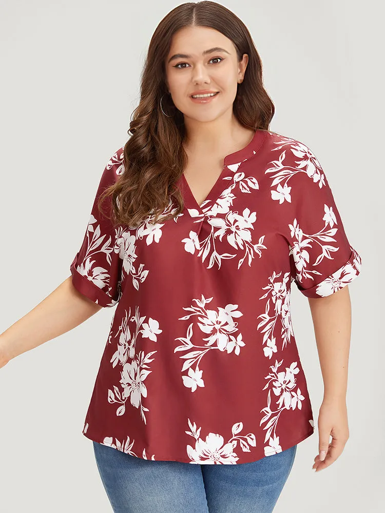 Silhouette Floral Print Notched Roll Sleeve Blouse sold by Bloomchic