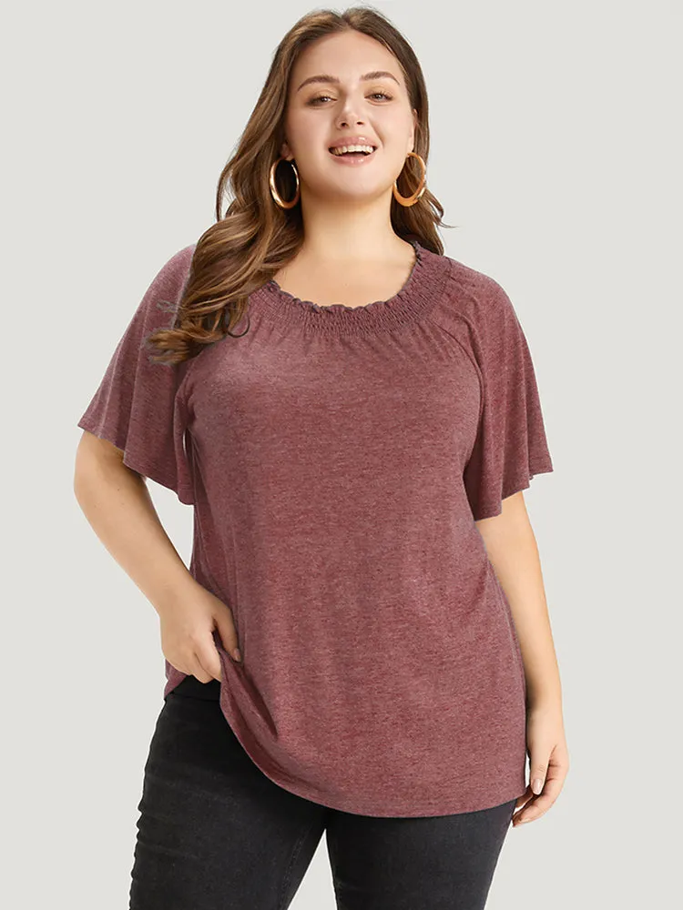Plain Shirred Crew Neck Flutter Sleeve T-shirt sold by Bloomchic