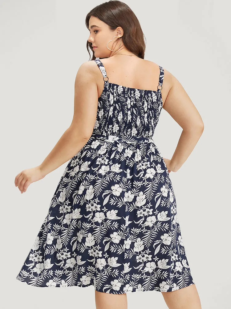 Floral Print Spaghetti Strap Shirred Belted Pocket Dress sold by Bloomchic product image thumbnail 5