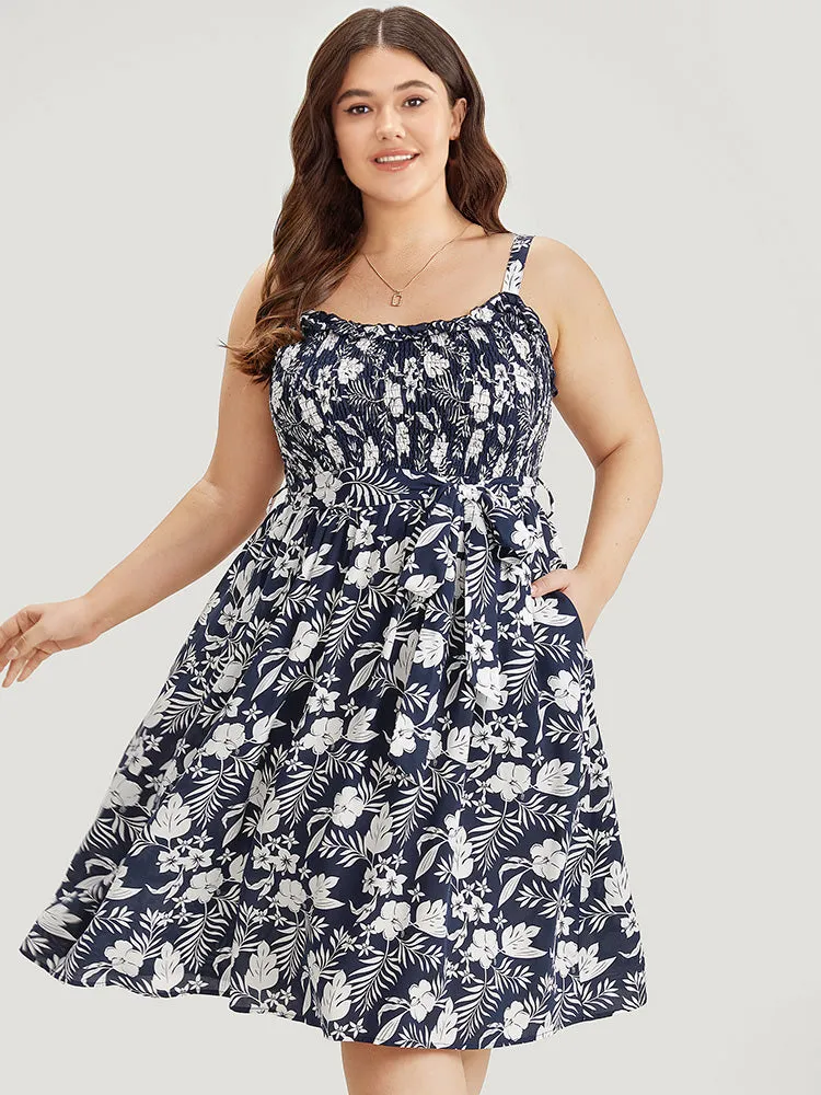 Floral Print Spaghetti Strap Shirred Belted Pocket Dress sold by Bloomchic