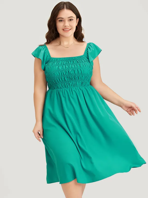 Plain Shirred Square Neck Pocket Cap Sleeve Dress sold by Bloomchic