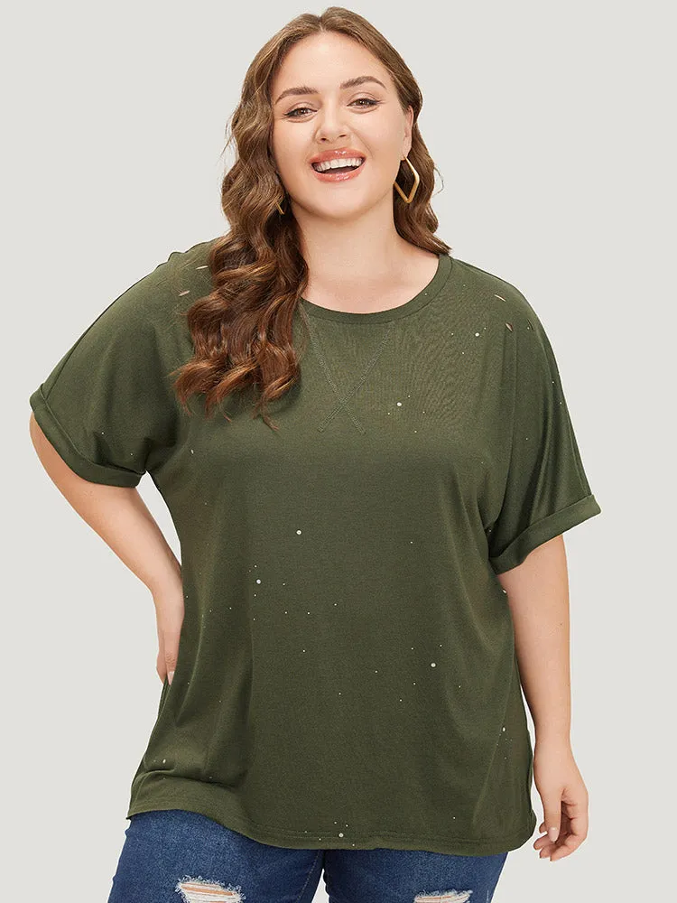 Plain Ripped Detail Crew Neck T-shirt sold by Bloomchic