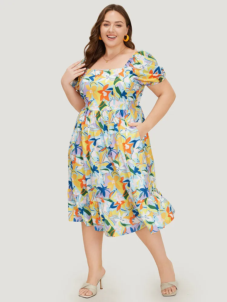 Floral Print Pocket Ruffle Hem Square Neck Dress sold by Bloomchic product image thumbnail 4