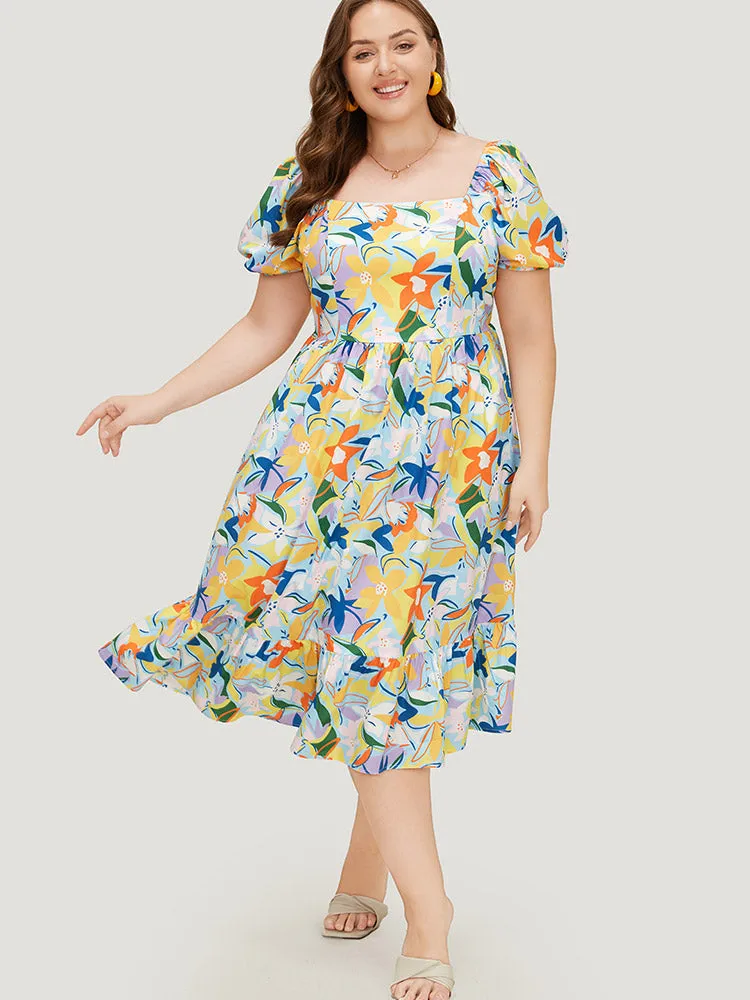 Floral Print Pocket Ruffle Hem Square Neck Dress sold by Bloomchic
