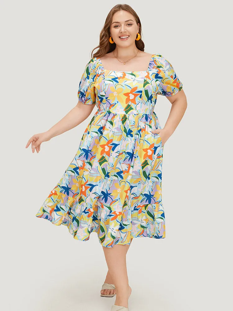 Floral Print Pocket Ruffle Hem Square Neck Dress sold by Bloomchic product image thumbnail 5