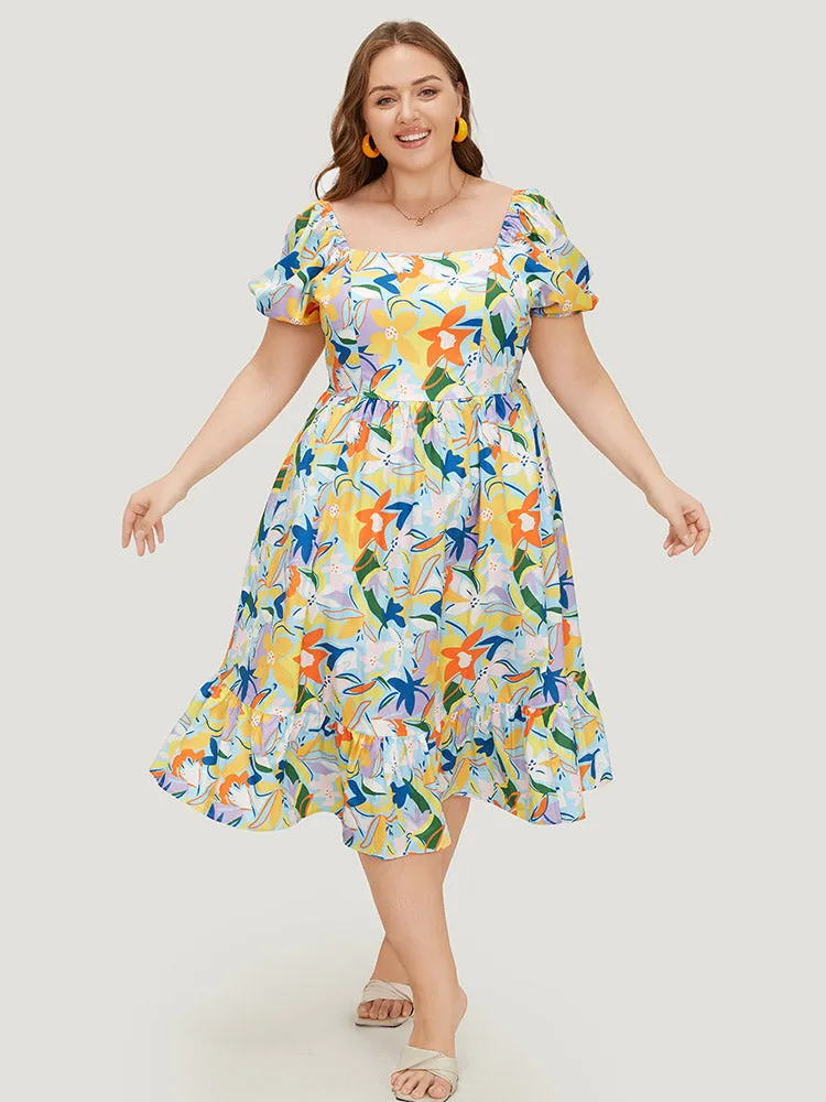 Floral Print Pocket Ruffle Hem Square Neck Dress sold by Bloomchic product image thumbnail 2