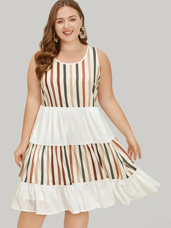 Striped Patchwork Pocket Layered Hem Tank Dress sold by Bloomchic
