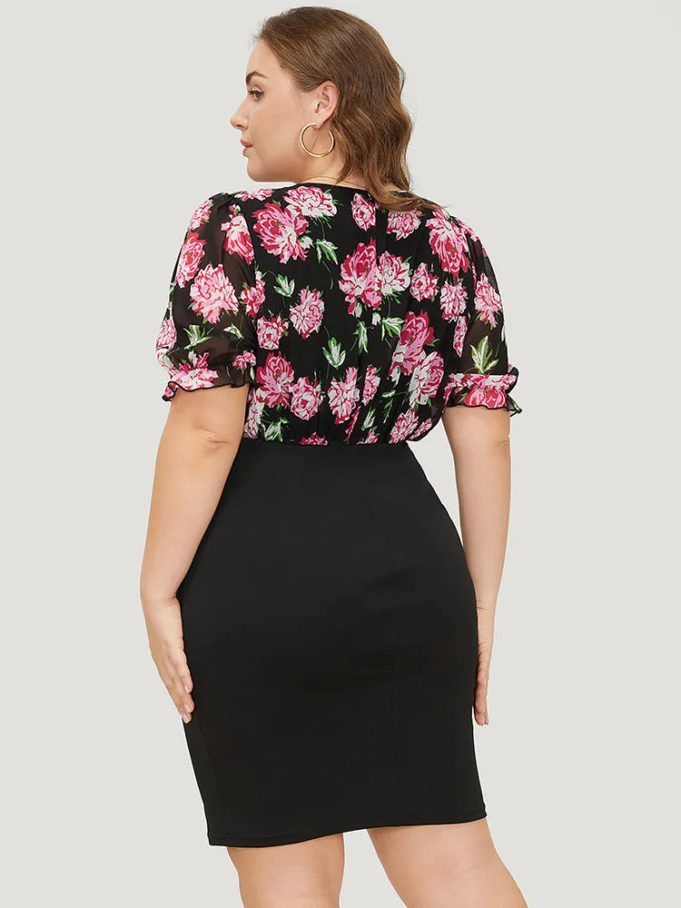 Floral Patchwork Mesh Puff Sleeve Bodycon Dress sold by Bloomchic product image thumbnail 3
