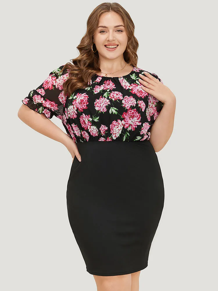Floral Patchwork Mesh Puff Sleeve Bodycon Dress sold by Bloomchic product image thumbnail 4