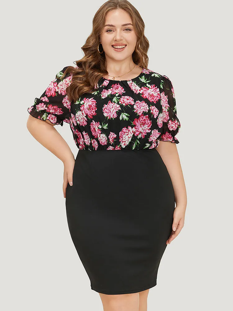 Floral Patchwork Mesh Puff Sleeve Bodycon Dress sold by Bloomchic