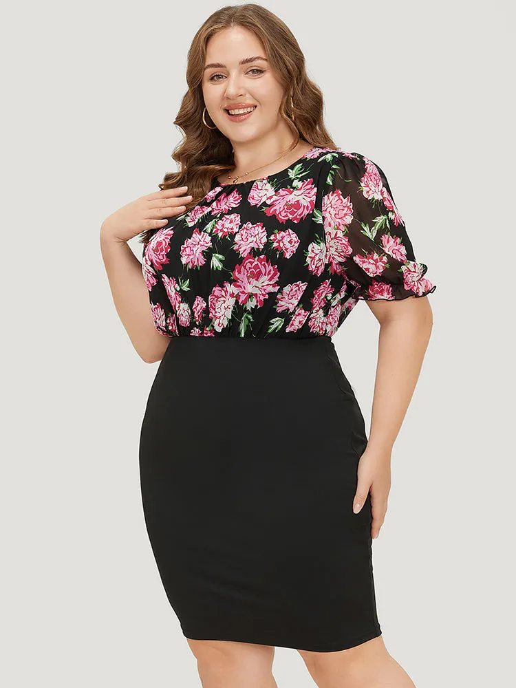 Floral Patchwork Mesh Puff Sleeve Bodycon Dress sold by Bloomchic product image thumbnail 5